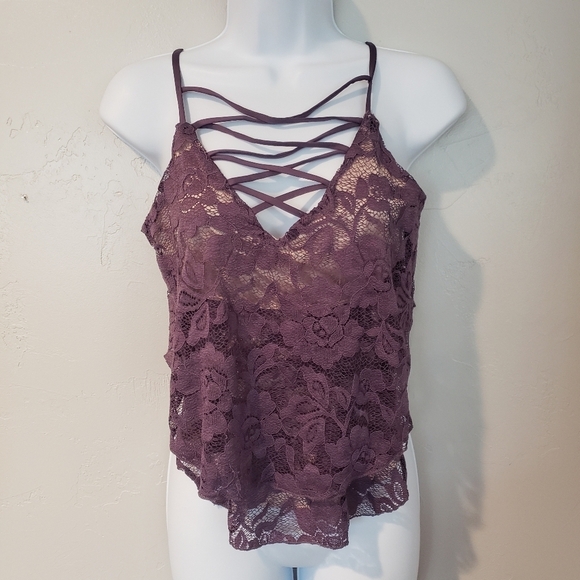 Express Purple Lace Tank Top Criss Cross Ruffle XS - Picture 1 of 7